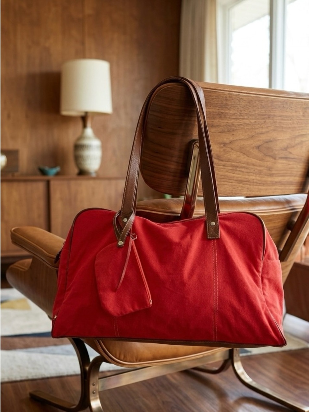 Tommy Hilfiger Red Canvas Travel Tote with Brown Leather Handles - Picture 1 of 16